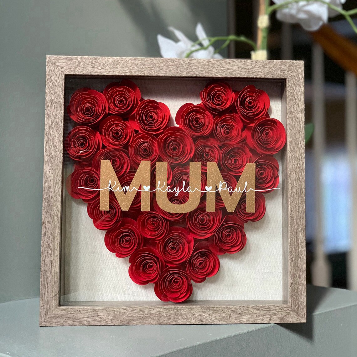 Mum Heart Shaped Monogram Flower Shadow Box Gift For Mothers